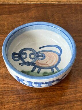 M.A. Hadley Pottery "Kitty" Cat Food Bowl w/ Mouse 4.5" Folk Dish Vintage USA